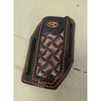 Tooled ECLJM Trapper Sheath Black/Tan Angled Carry, Orange Stitch, Square Basket Weave
