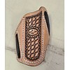 ECLJM Tooled ECLJM Trapper Sheath Light Tan Angled Carry, White Stitch, Basket Weave, Round cut
