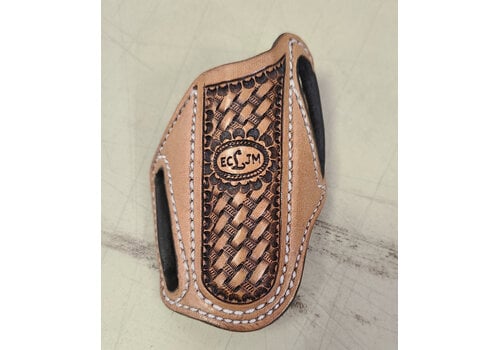 ECLJM Tooled ECLJM Trapper Sheath Light Tan Angled Carry, White Stitch, Basket Weave, Round cut
