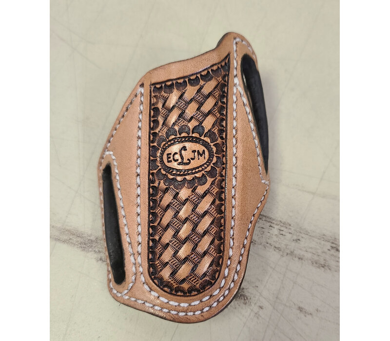 Tooled ECLJM Trapper Sheath Light Tan Angled Carry, White Stitch, Basket Weave, Round cut