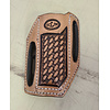 ECLJM Tooled ECLJM Trapper Sheath Light Tan Angled Carry, White Stitch, Basket Weave