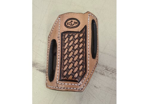 ECLJM Tooled ECLJM Trapper Sheath Light Tan Angled Carry, White Stitch, Basket Weave
