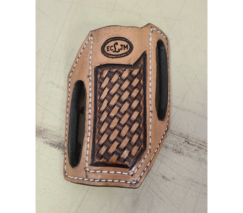 Tooled ECLJM Trapper Sheath Light Tan Angled Carry, White Stitch, Basket Weave