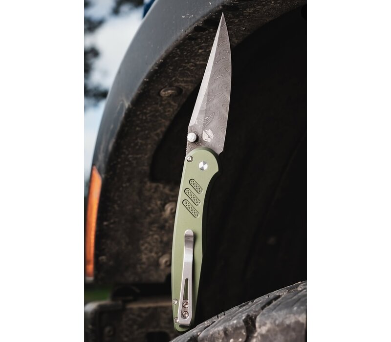 Pro-Tech, Peace Neighbor Avalon Thumb Stud, Green Aluminum, Nicholas Boomerang Damascus