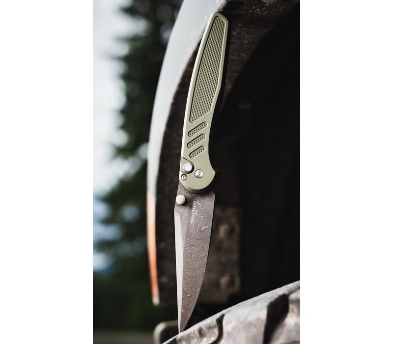 Pro-Tech, Peace Neighbor Avalon Thumb Stud, Green Aluminum, Nicholas Boomerang Damascus