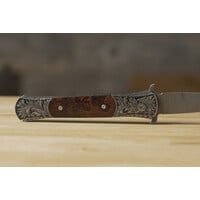 (Consignment) Pro-Tech - Large Don Ultimate Custom, Desert Ironwood, Damascus, Hand Engraved Stainless Steel Handle,