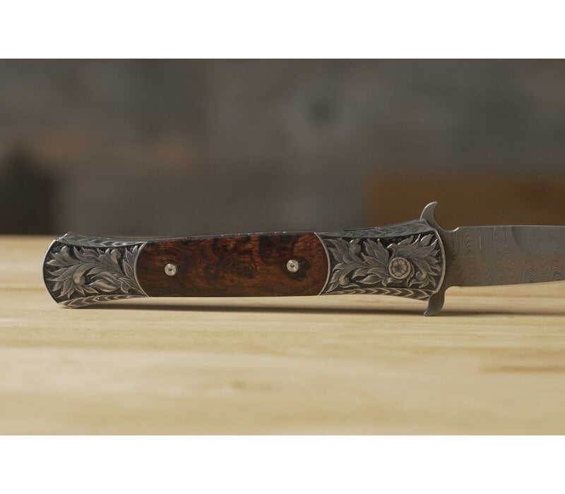 (Consignment) Pro-Tech - Large Don Ultimate Custom, Desert Ironwood, Damascus, Hand Engraved Stainless Steel Handle,