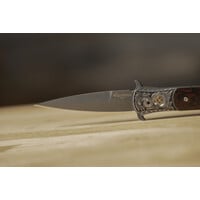 (Consignment) Pro-Tech - Large Don Ultimate Custom, Desert Ironwood, Damascus, Hand Engraved Stainless Steel Handle,