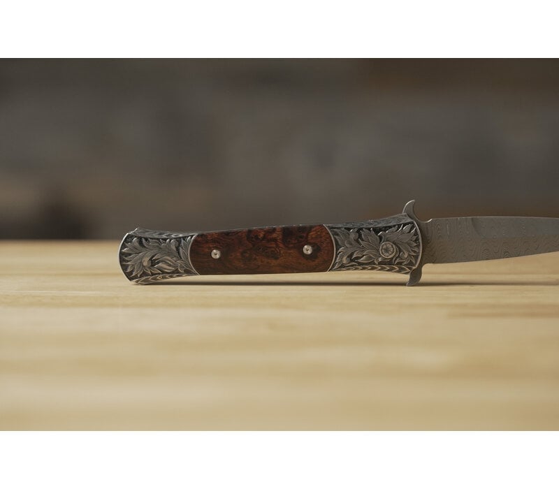 (Consignment) Pro-Tech - Large Don Ultimate Custom, Desert Ironwood, Damascus, Hand Engraved Stainless Steel Handle,