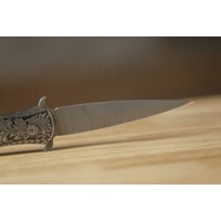 (Consignment) Pro-Tech - Large Don Ultimate Custom, Desert Ironwood, Damascus, Hand Engraved Stainless Steel Handle,