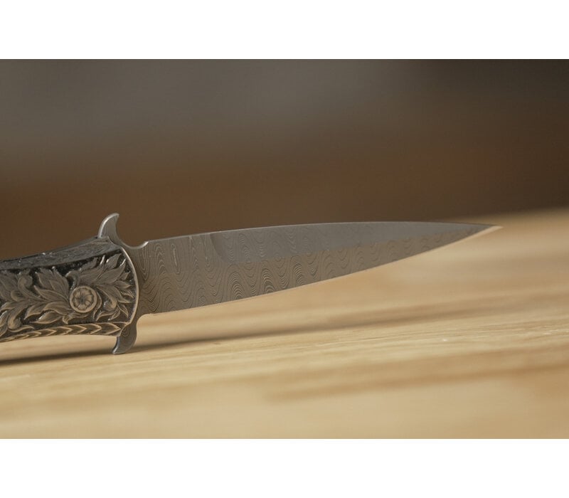 (Consignment) Pro-Tech - Large Don Ultimate Custom, Desert Ironwood, Damascus, Hand Engraved Stainless Steel Handle,