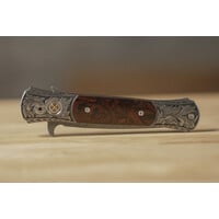 (Consignment) Pro-Tech - Large Don Ultimate Custom, Desert Ironwood, Damascus, Hand Engraved Stainless Steel Handle,