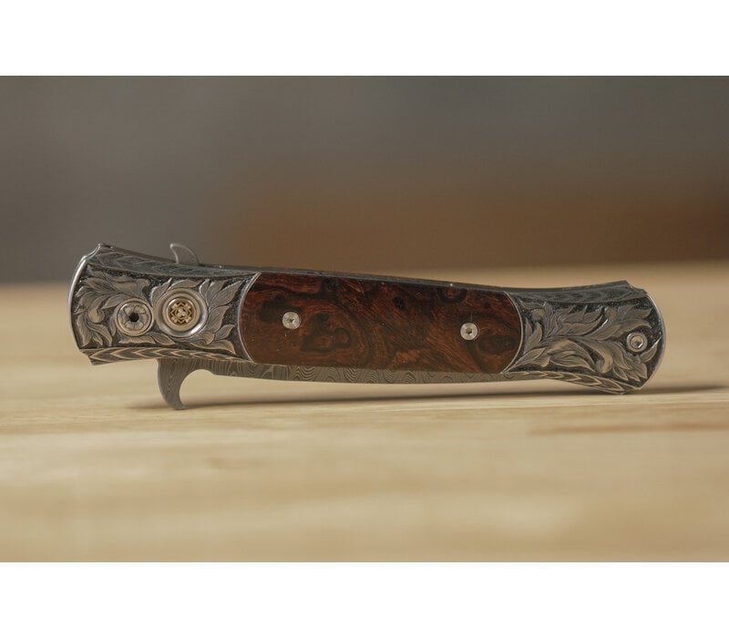 (Consignment) Pro-Tech - Large Don Ultimate Custom, Desert Ironwood, Damascus, Hand Engraved Stainless Steel Handle,