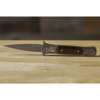 (Consignment) Pro-Tech - Large Don Ultimate Custom, Desert Ironwood, Damascus, Hand Engraved Stainless Steel Handle,
