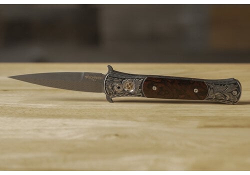 Pro-Tech Knives, LLC (Consignment) Pro-Tech - Large Don Ultimate Custom, Desert Ironwood, Damascus, Hand Engraved Stainless Steel Handle,