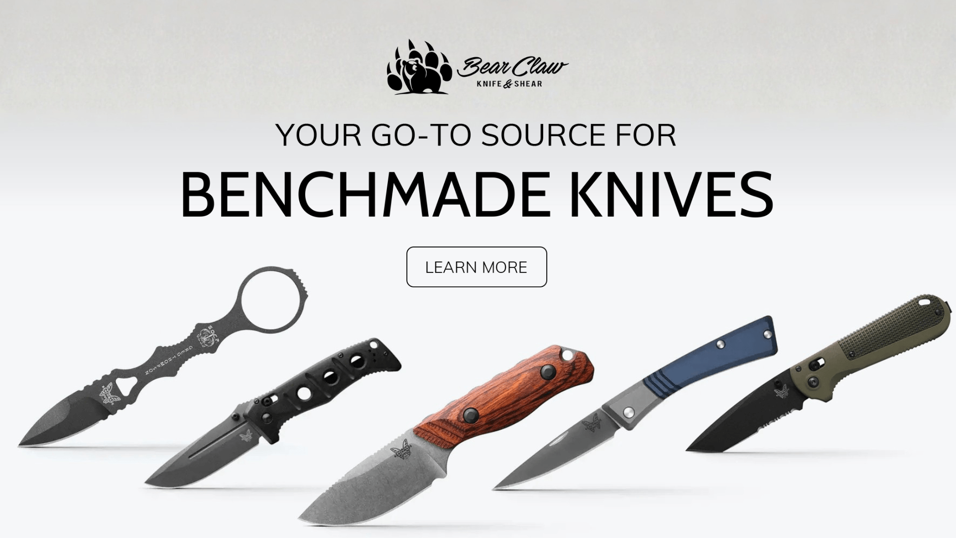 Promotional image for Bear Claw Knife & Shear highlighting a selection of Benchmade knives, including fixed blade and folding styles, with a clean branded layout and call 