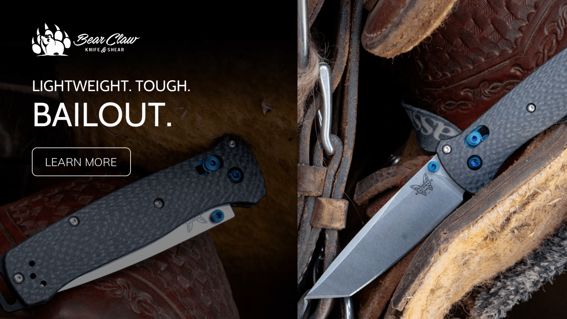 Promotional banner for the Benchmade Bailout knife, showing a lightweight tactical folding knife with a carbon fiber handle placed in a rugged leather and saddle-themed background.