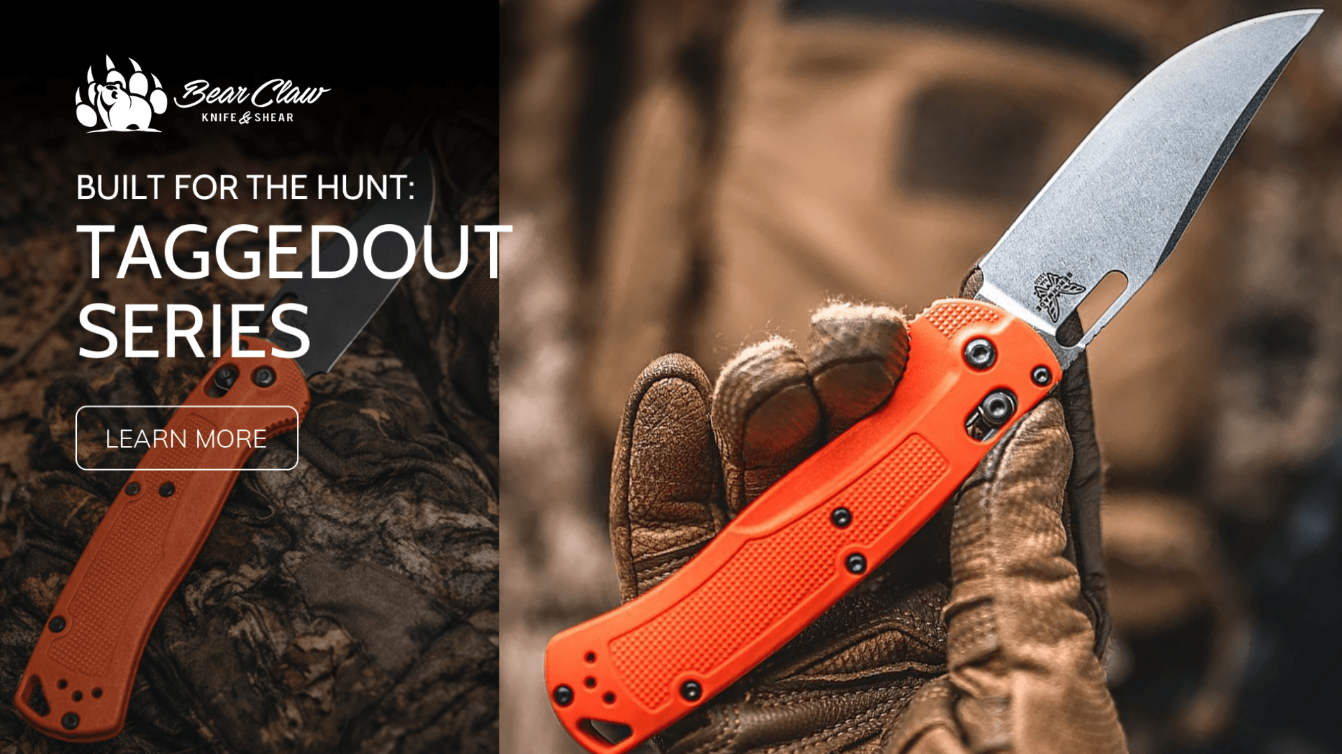 Marketing image for the Benchmade Taggedout Series featuring an orange-handled hunting knife designed for field use, shown in a close-up outdoor scene with brand messaging.