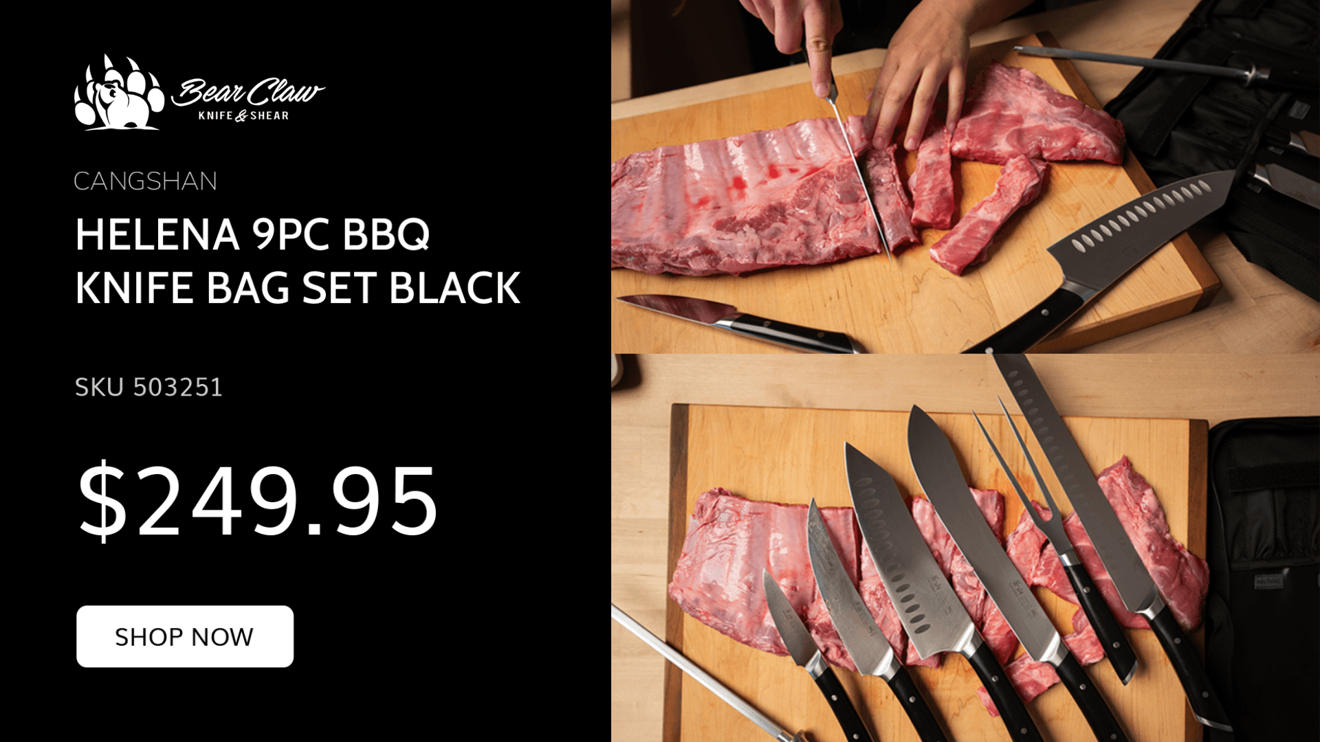 Product advertisement for the Cangshan Helena 9-piece BBQ knife bag set in black, featuring multiple barbecue knives, a knife bag, and food prep imagery for a grilling setup.