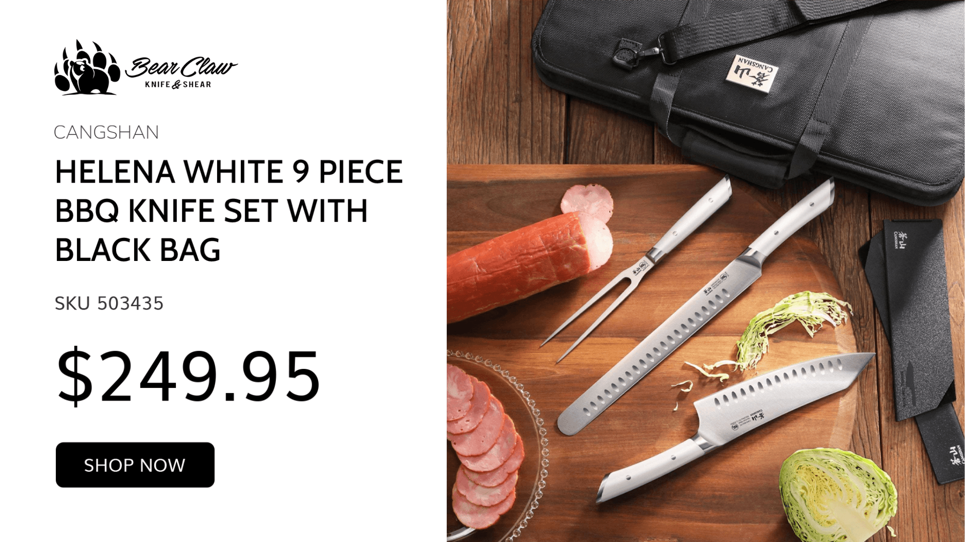 Promotional product image for the Cangshan Helena white 9-piece BBQ knife set with black bag, showing white-handled knives, carving tools, sliced meat, and a serving board setup.