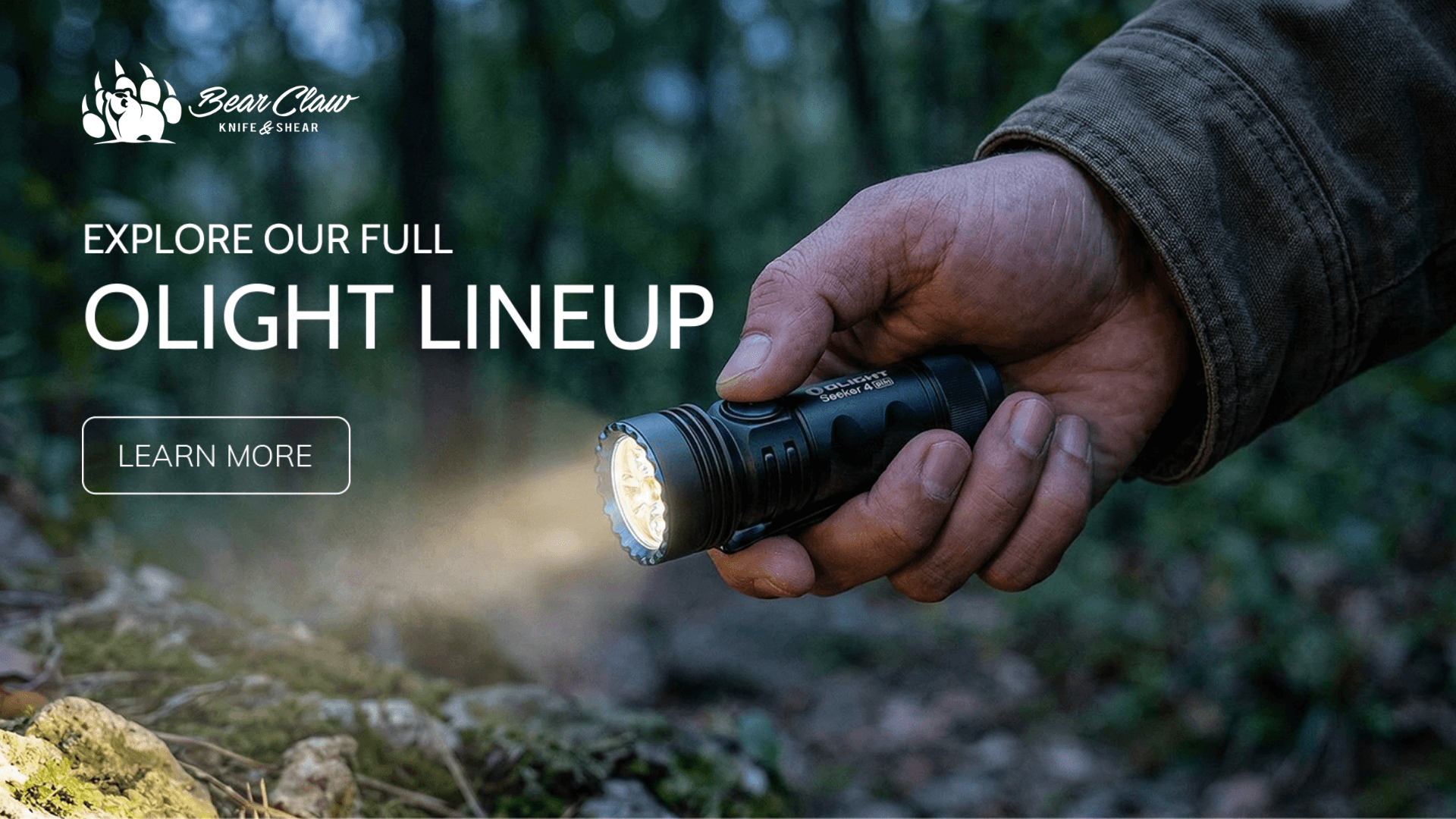 Promotional image for Bear Claw Knife & Shear featuring an Olight flashlight being used outdoors in a wooded setting, emphasizing the brand’s full Olight lineup.