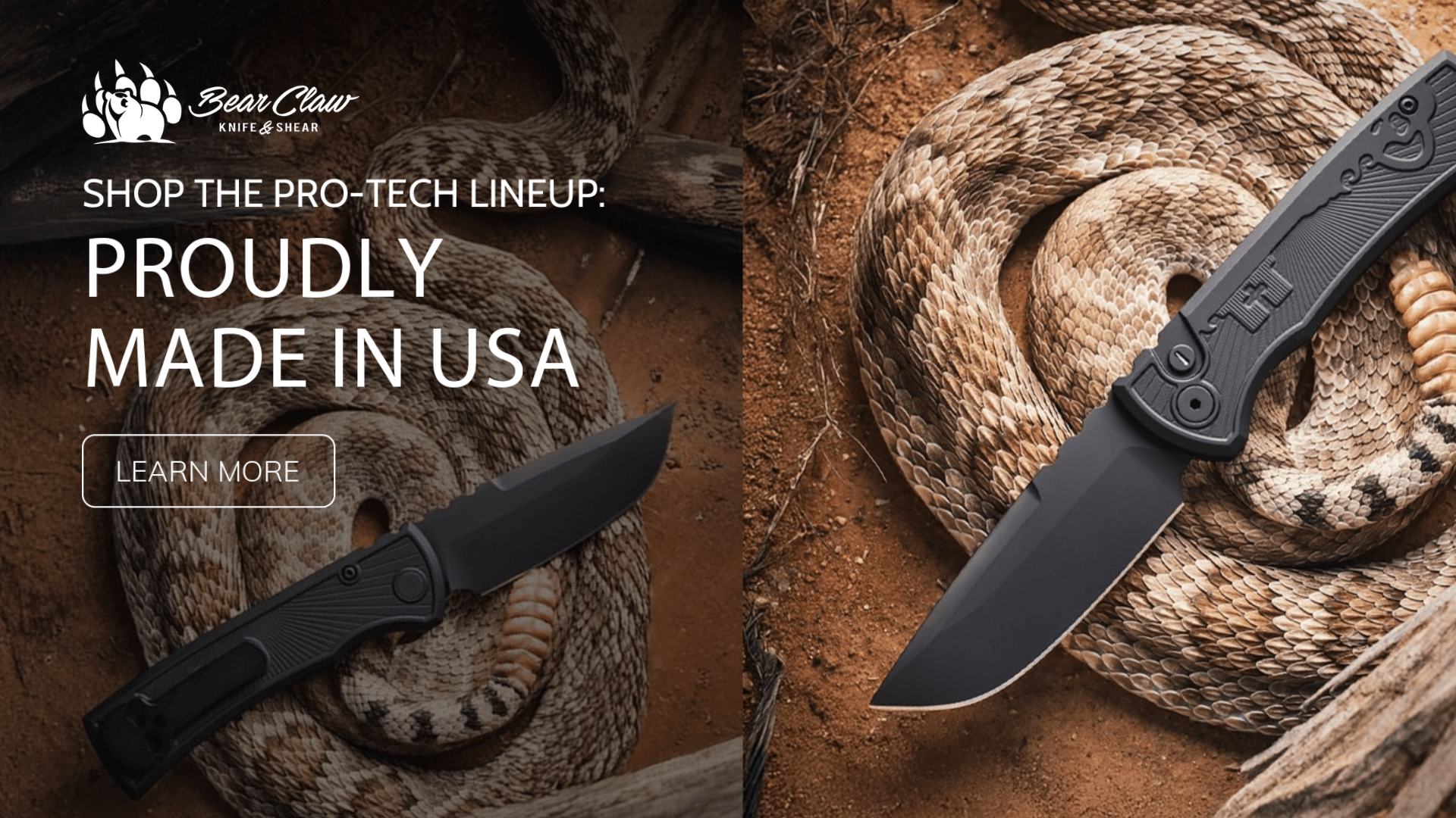 Promotional image for the Pro-Tech lineup at Bear Claw Knife & Shear, featuring a USA-made folding knife shown against a dramatic rattlesnake background.