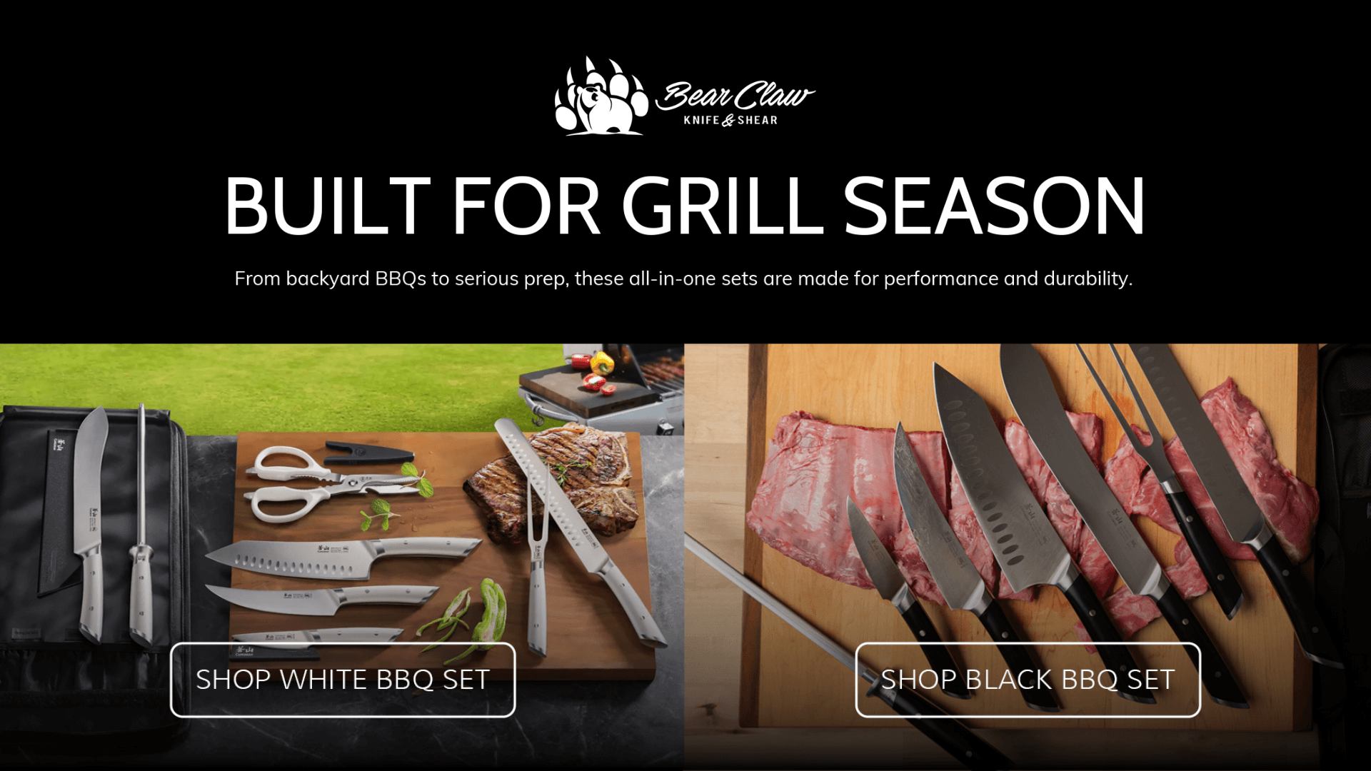 Marketing banner for Bear Claw Knife & Shear featuring grill season BBQ knife sets, including white and black handled options shown with grilling tools, meat prep, and outdoor cooking visuals.