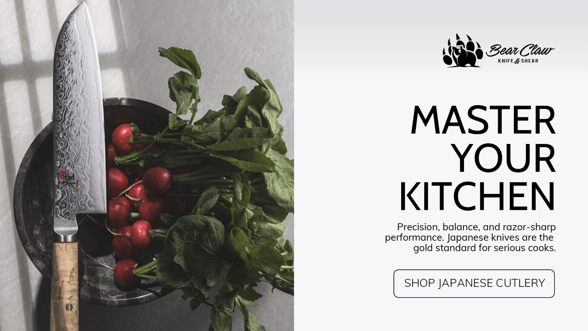 Promotional image for Bear Claw Knife & Shear featuring a Japanese-style kitchen knife with a patterned blade, fresh produce, and branding that highlights premium cutlery for serious home cooks.
