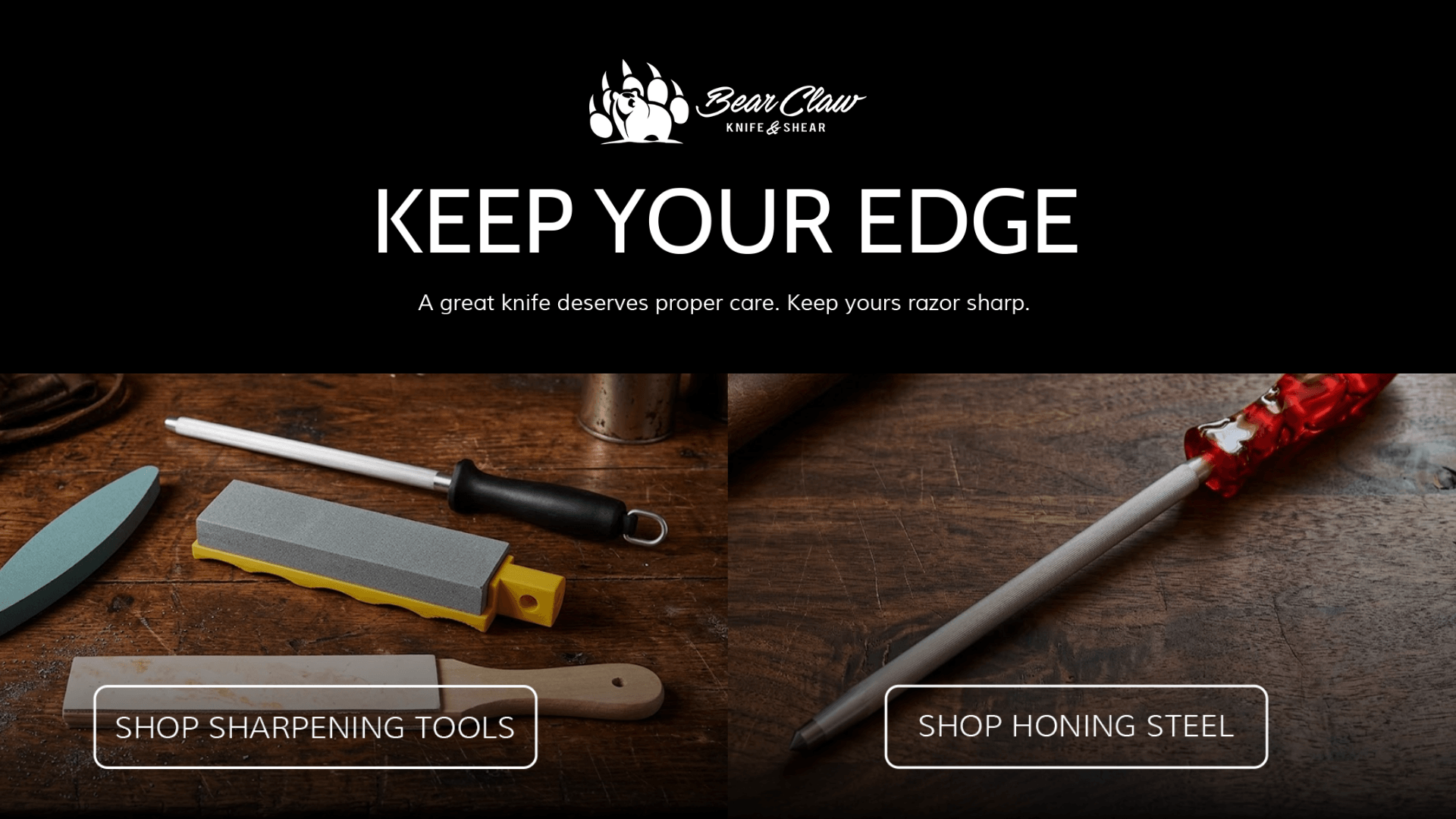 Promotional graphic for Bear Claw Knife & Shear showcasing knife care essentials including sharpening tools, a whetstone, and honing steel, designed to highlight proper blade maintenance and edge care.