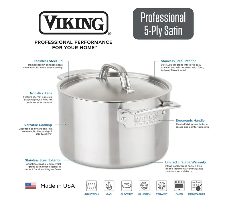 Viking, Professional Stock Pot 5ply, 8qt with satin finish