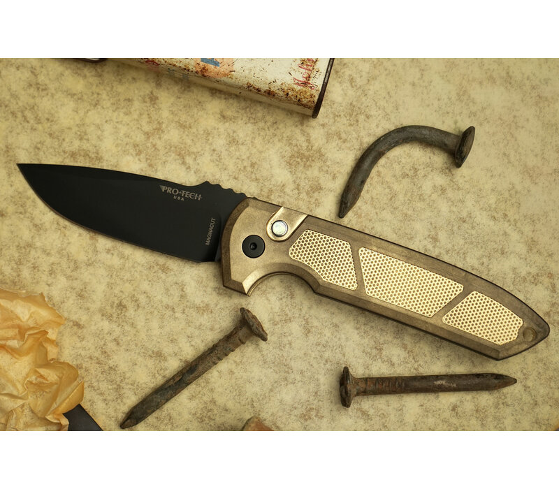 Pro-Tech, Rockeye Auto with textured AlBronze Handle and a DLC Magnacut blade