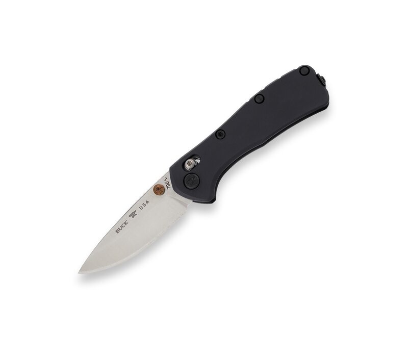 Buck Mini Range Elite with a gray aluminum handle and CPM Magnacut blade