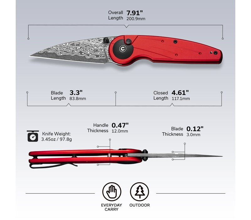 CIVIVI Starflare Button Lock, Red Aluminum, Damascus Steel