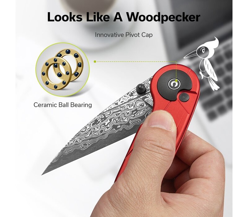 CIVIVI Starflare Button Lock, Red Aluminum, Damascus Steel