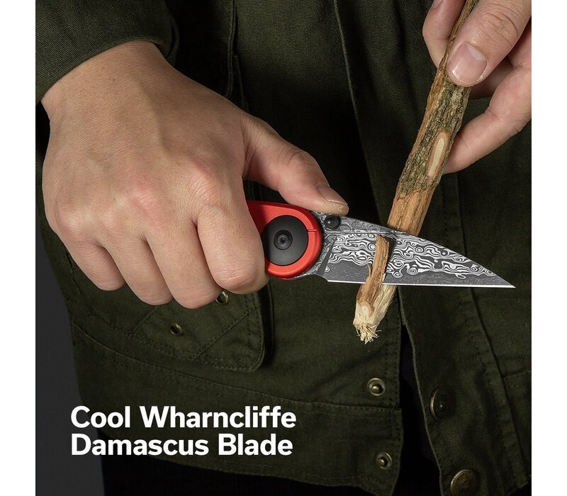 CIVIVI Starflare Button Lock, Red Aluminum, Damascus Steel