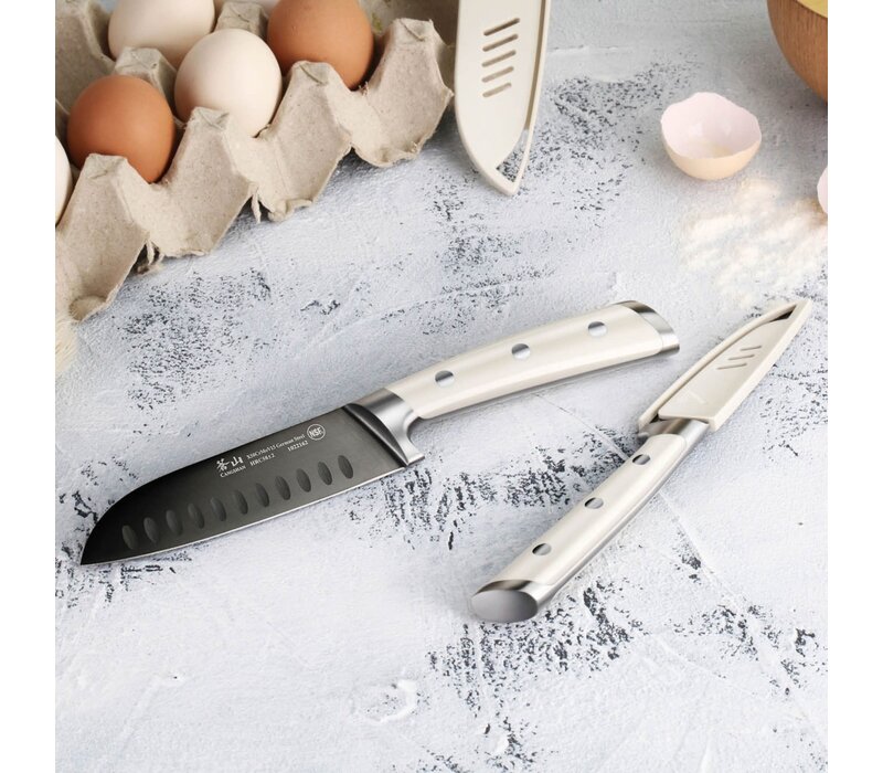 Cangshan 2pc Titanium Coated Santoku Starter Set Vanilla White