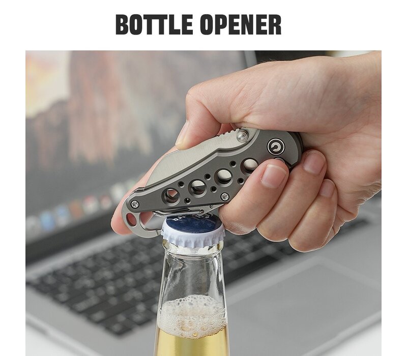 Civivi Pragma, with aluminum handle and Carabiner/Bottle Opener.  Also Nitro-V stainless blade.