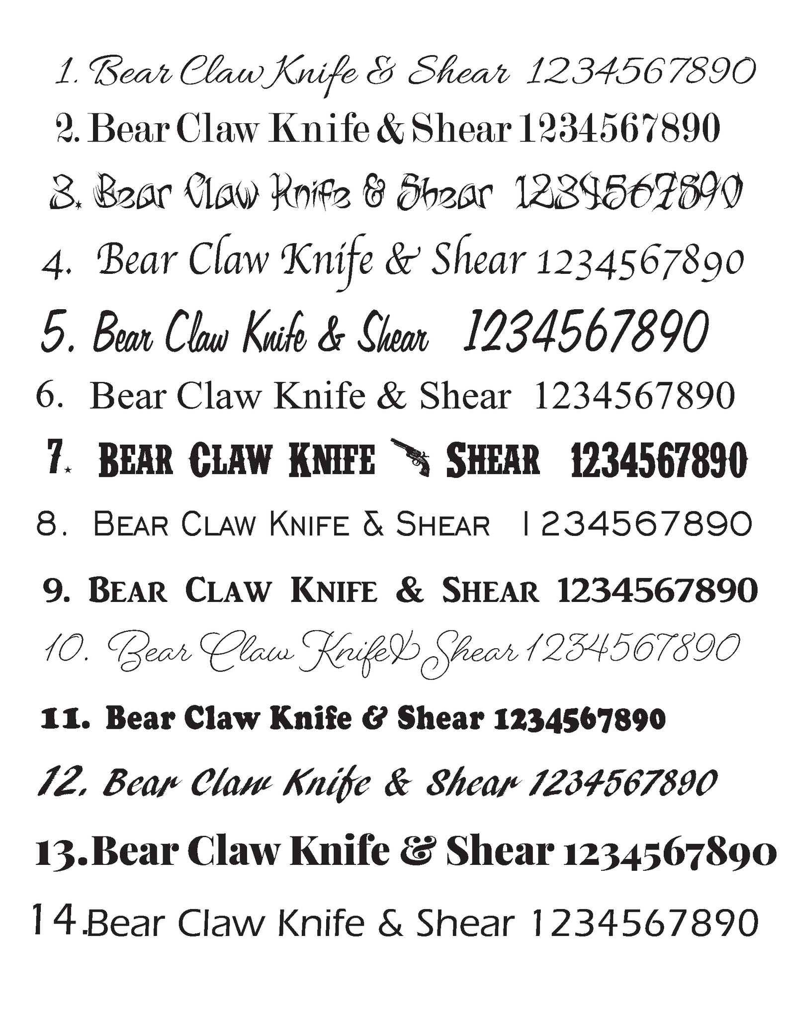 Bear Claw Knife & Shear engraving font specimens 1 through 14
