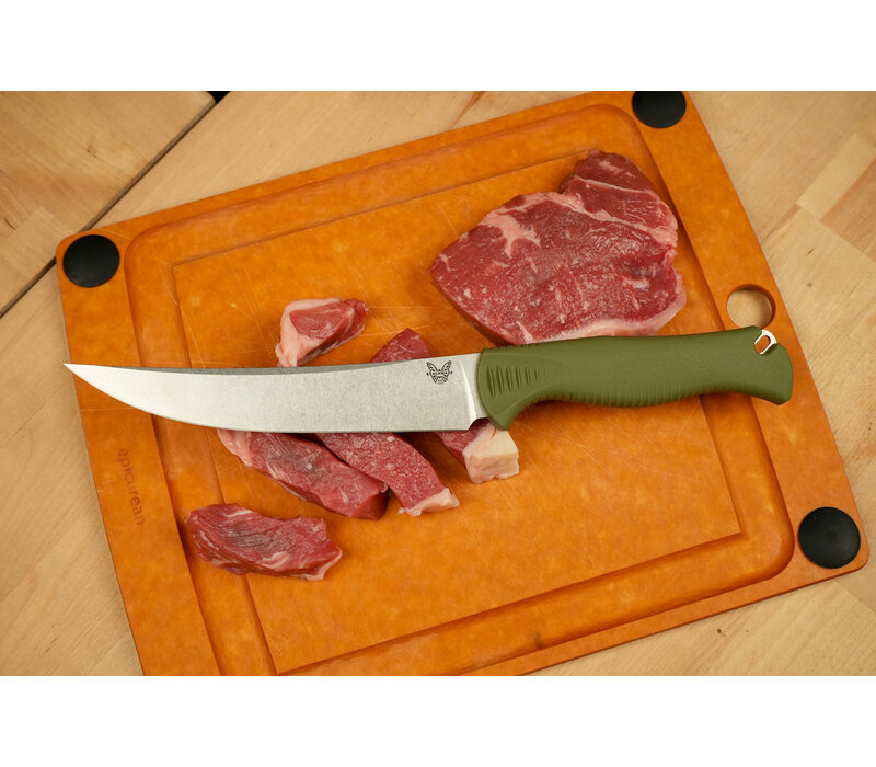 Benchmade, 6" Meatcrafter, boning knife with Dark Olive Santoprene handle and a trailing point CPM 154 powder steel blade