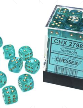 Teal/gold 12mm D6 Borealis Luminary - Chessex