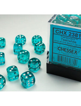 Teal w/ White: Translucent 12mm D6 - Chessex