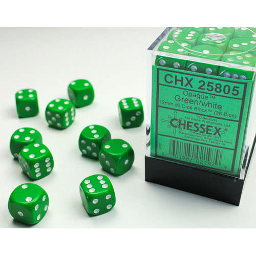 Green w/ White: Opaque 12mm D6 - Chessex