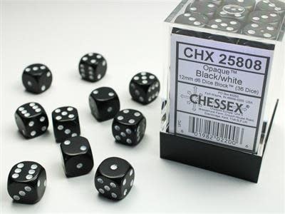 Black w/ White: Opaque 12mm D6 Chessex