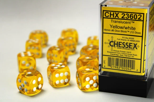 Yellow w/ White: Translucent 16mm D6 - Chessex