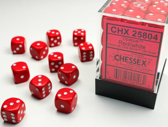 Red w/ White: Opaque 12mm D6 - Chessex
