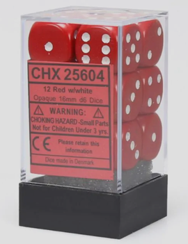 Red w/ White: Opaque 16mm D6 - Chessex