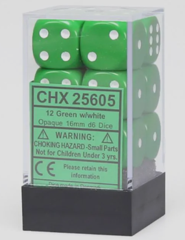 Green w/ White: Opaque 16mm D6 - Chessex