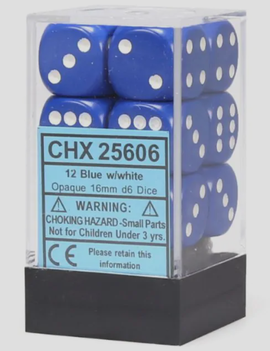 Blue w/ White: Opaque 16mm D6 - Chessex