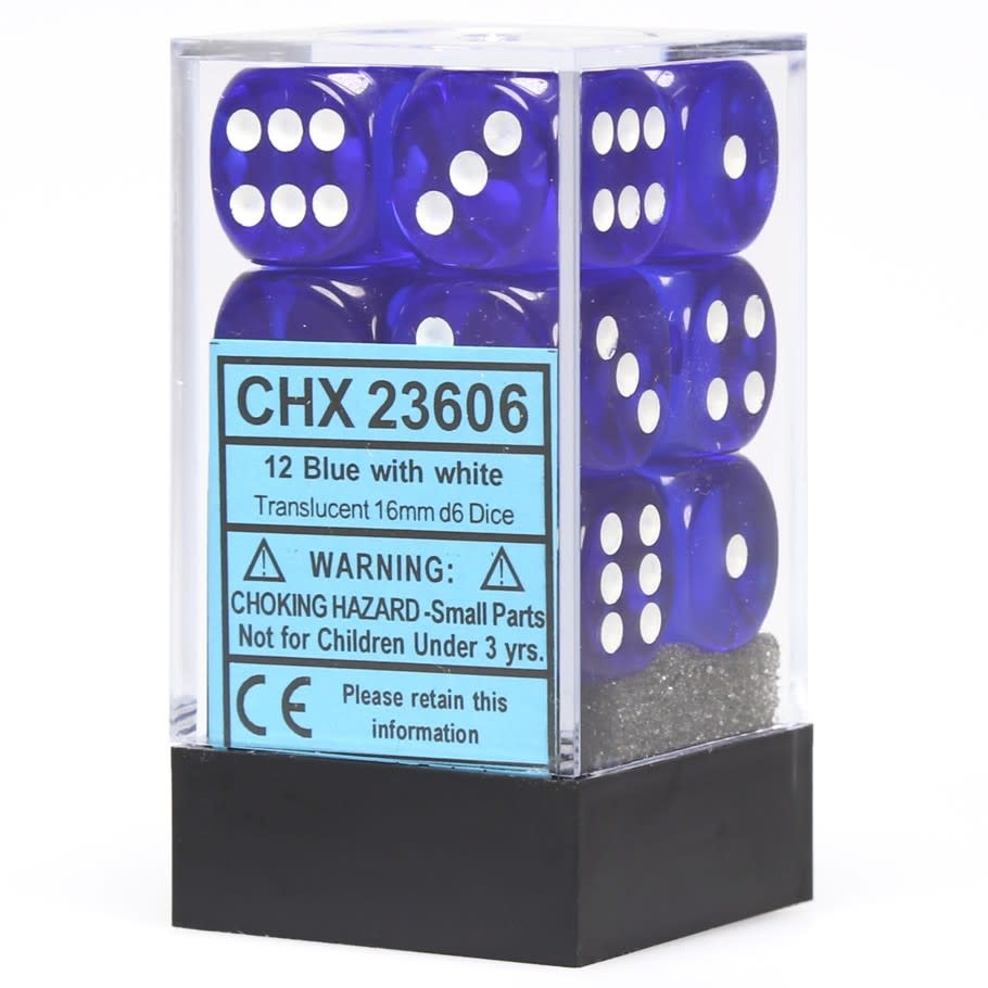 Blue w/ White: Translucent 16mm D6 - Chessex