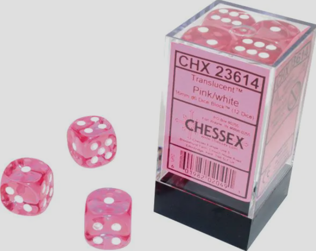 Pink w/ White: Translucent 16mm D6 - Chessex